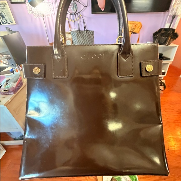 Gucci Handbags - Gucci Chocolate Brown Patent Tote with Gold Accents